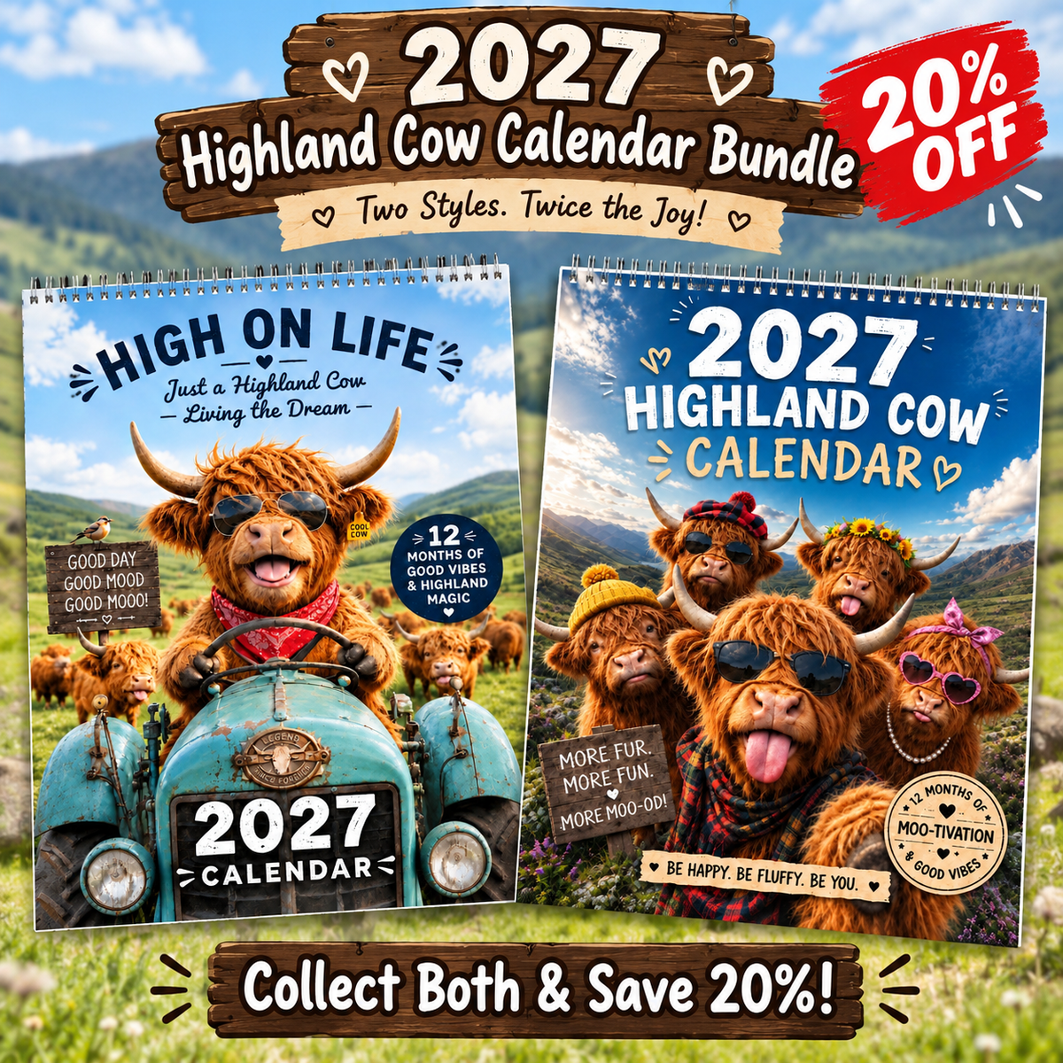 🐮 2027 Highland Cow Calendar – 12 Months of Moo-tiful Moments & Good Vibes