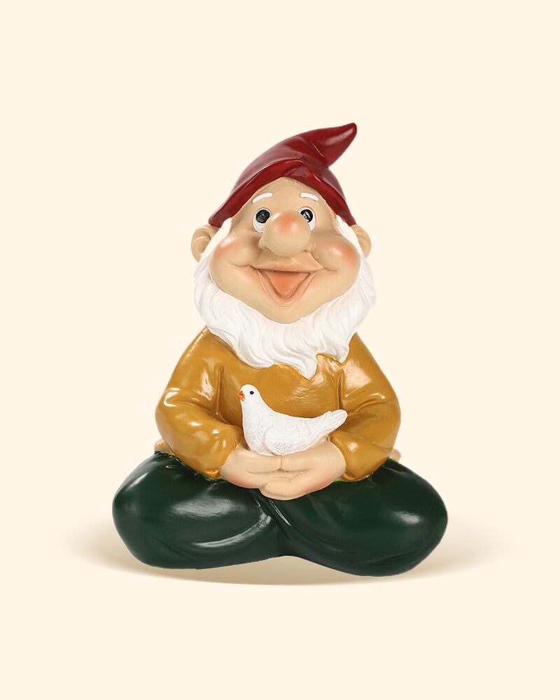 Zen Gnome Statue with Pigeon