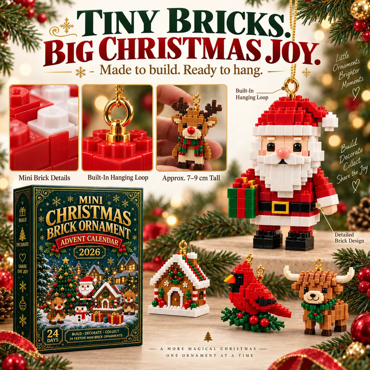⏳ Last Day 49% OFF – 🎄24-Day Mini Christmas Brick Ornament Advent Calendar | 24 Unique Buildable Holiday Ornaments to Create, Hang & Keep 🧱