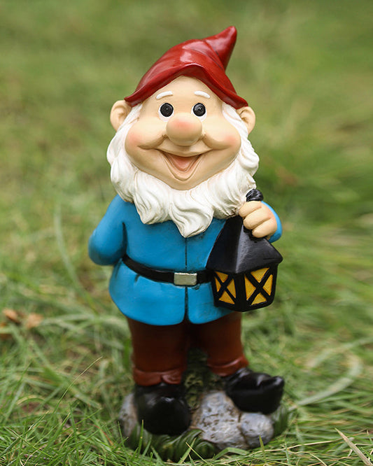 Joyful Red Hat Garden Gnome Statue with Lantern